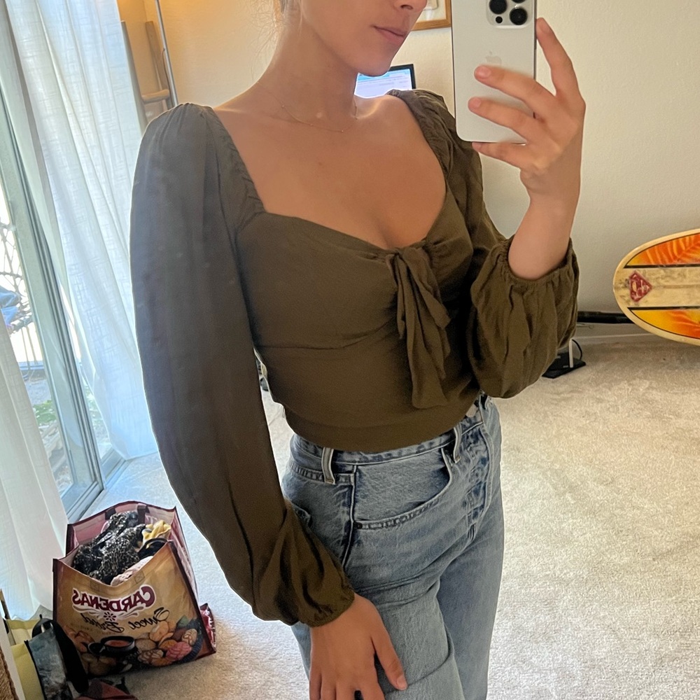 Olive Green Top with Puffy Sleeves